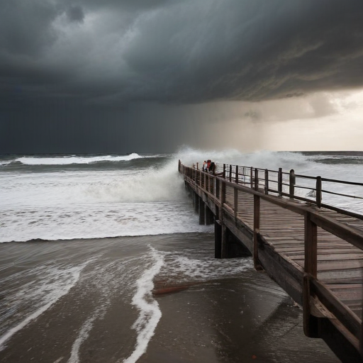 Illustration of Santa Cruz Wharf Collapse: High Surf and Daring Rescues Amid Storm Chaos